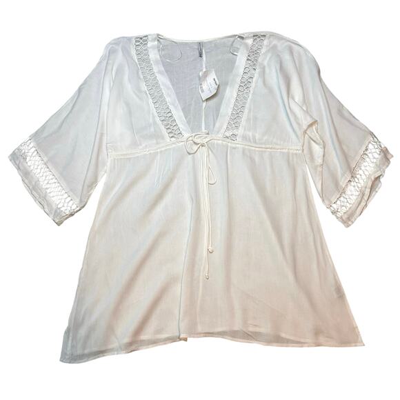 Raviya White Crochet Trim Kimono Swim Cover-Up Dress L Resort Boho - Picture 4 of 8